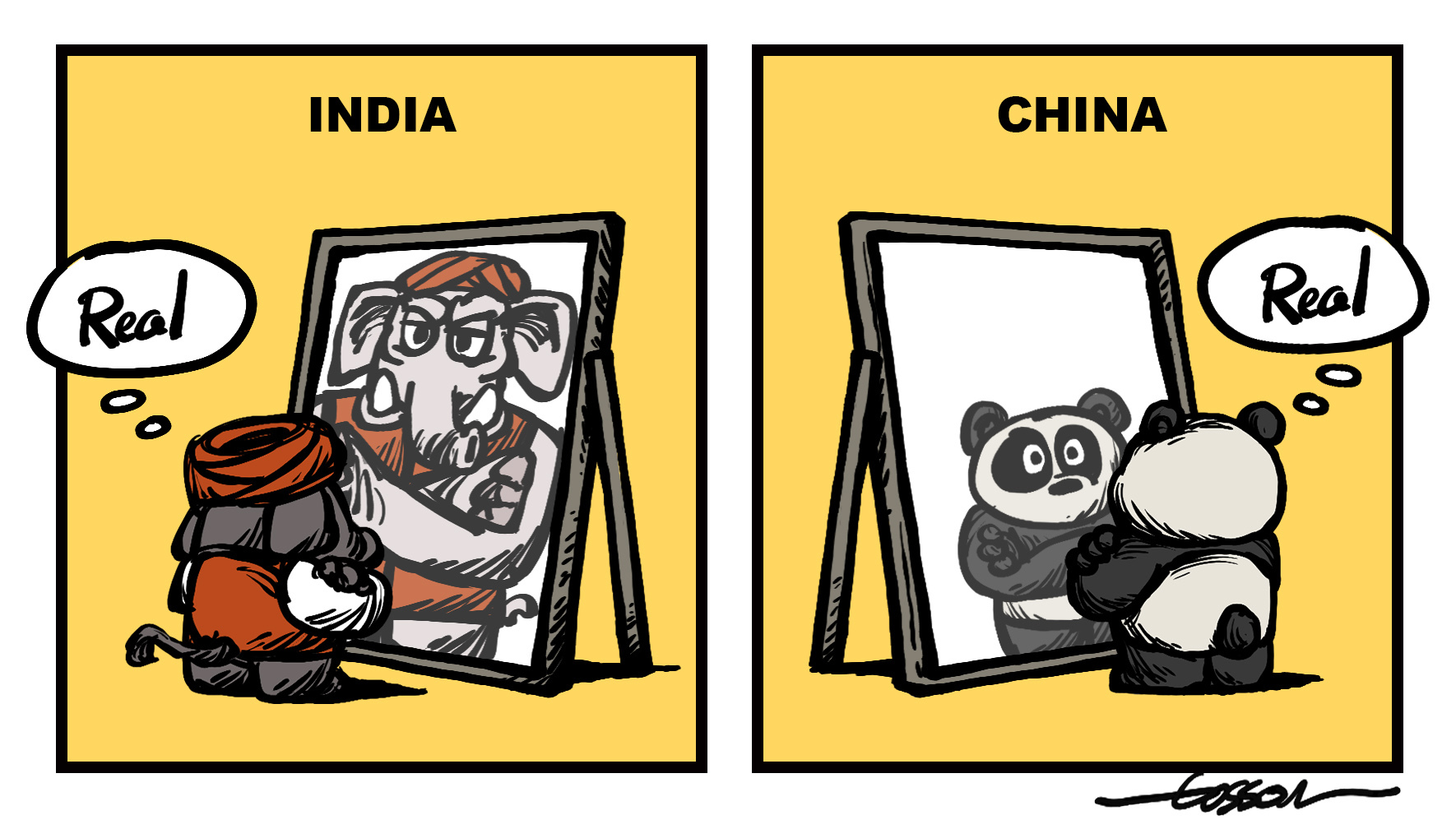 Mirror of Perception: Elephant vs. Panda